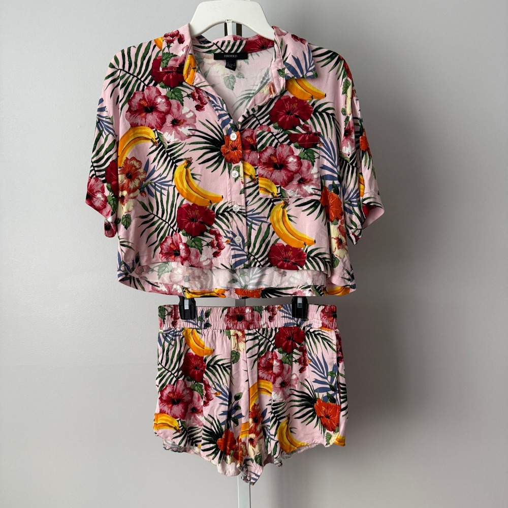 Forever 21 S Tropical Two Piece Short Set Vacation Floral Beachy Coastal NWT‎